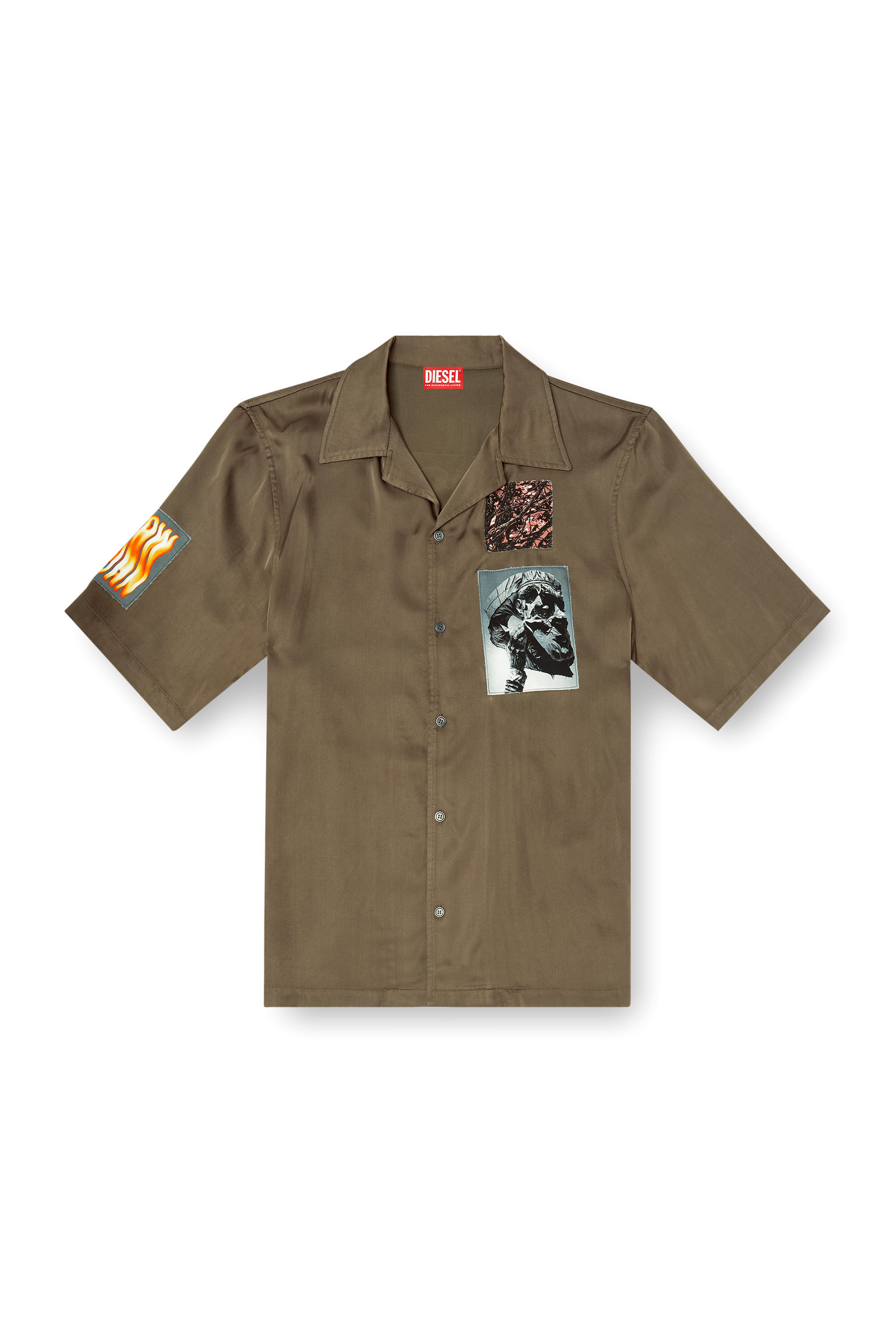 Diesel - S-DAXHE, Male's Short-sleeve satin shirt with patches in ミリタリーグリーン - 2