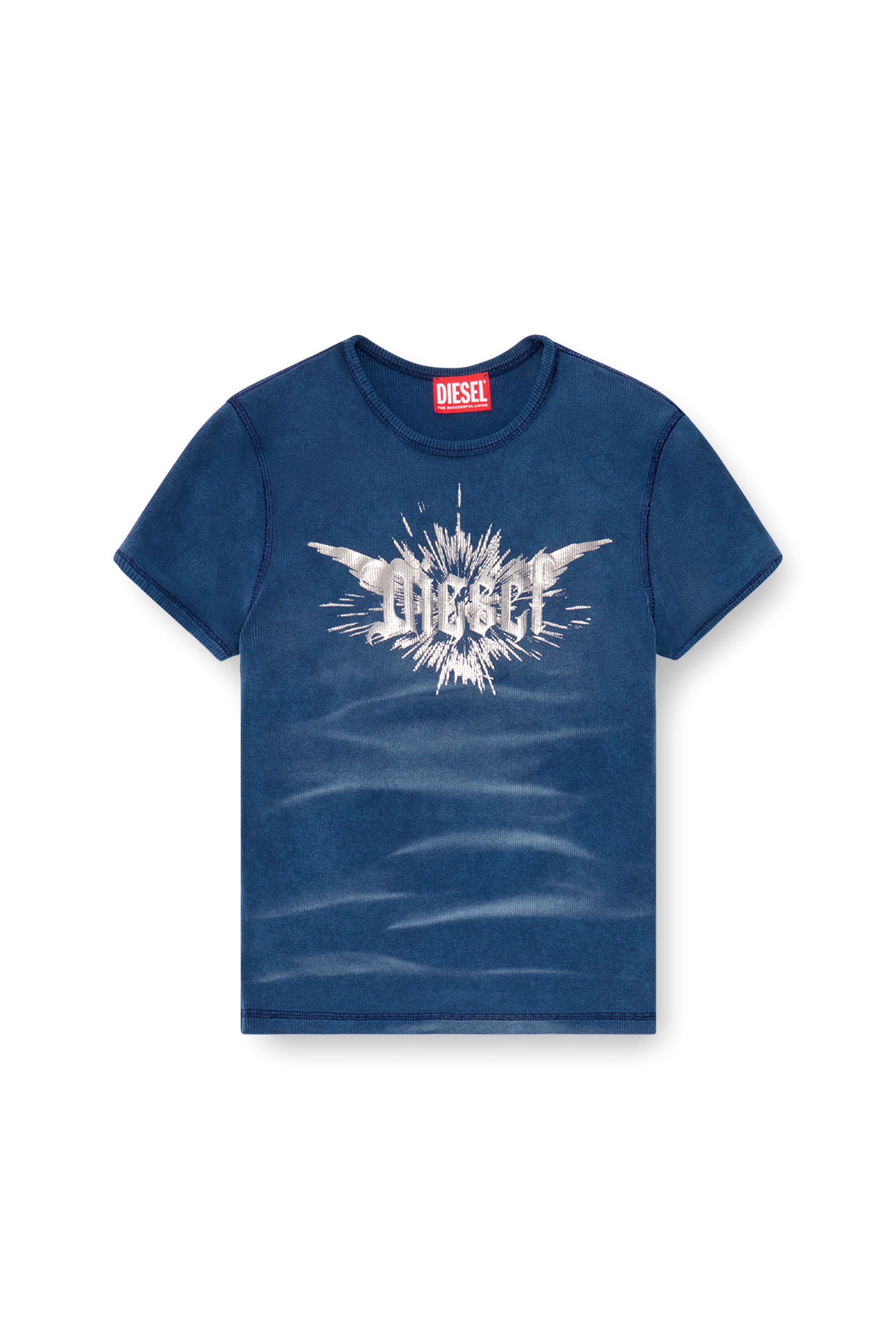 Diesel - T-ELE-LONG-P2, Female's T-shirt with winged Diesel foil print in ブルー - 3